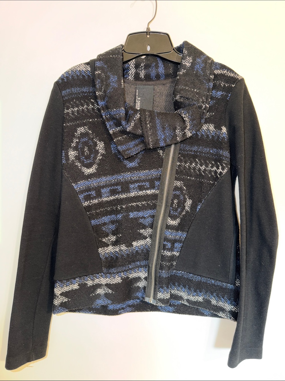 Black and Blue Patterned Cowl Zip Sweater